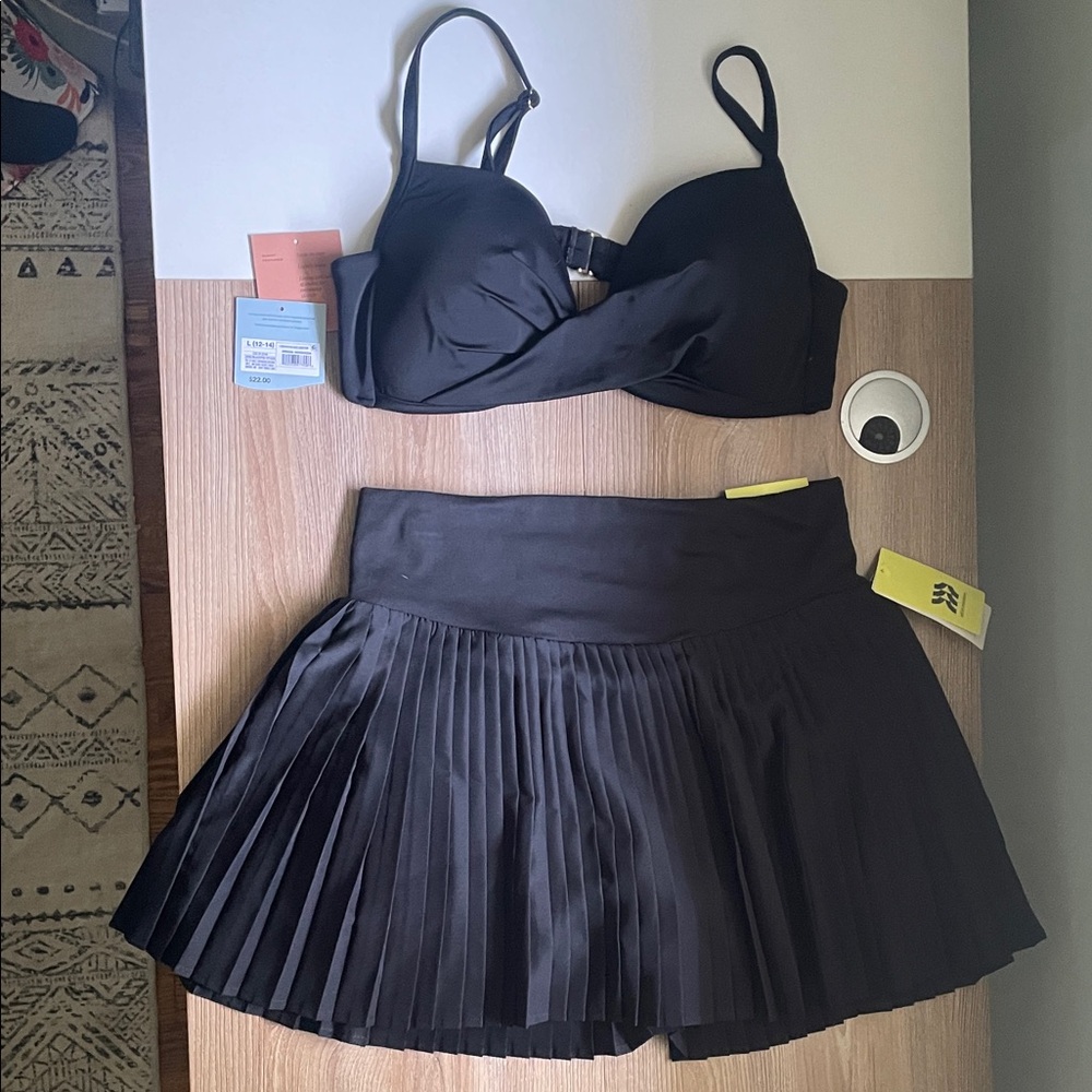 Shade & Shore Black Pleated Swim Skirt & Padded Bikini Top
